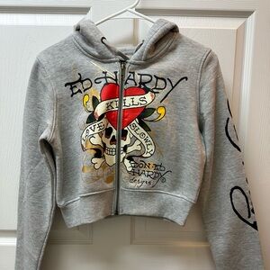 Ed Hardy Gray Hoodie with Skull and Heart Design